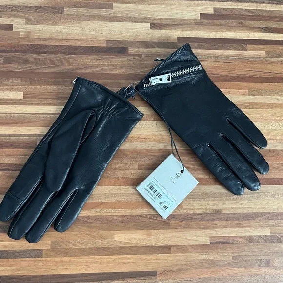 AllSaints Black Leather Gloves with Asymmetric Zipper - Picture 2 of 8